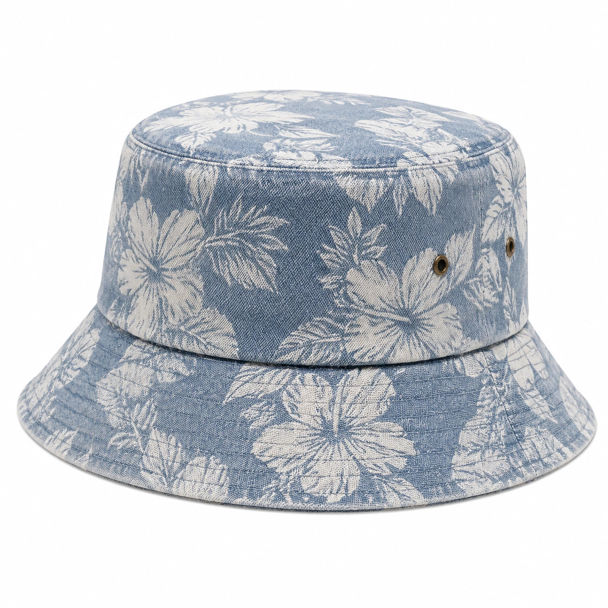 Chapeau bob taille unique en tissu bleu à motif floral avec œillets