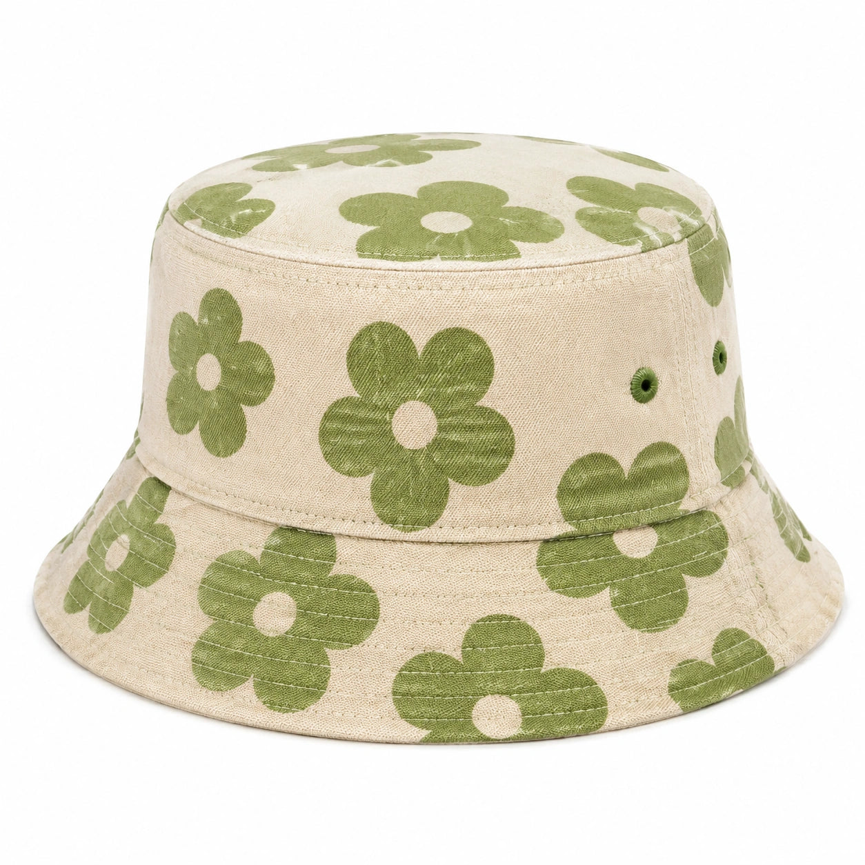 Chapeau bob taille unique en tissu beige et vert à motif floral