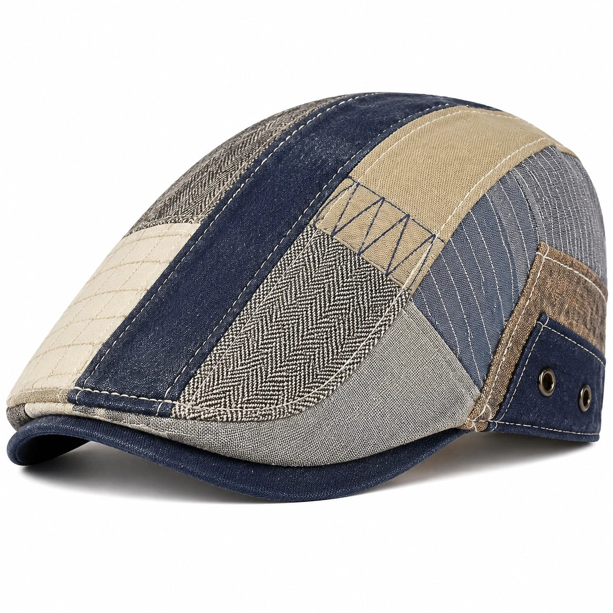 Casquette plate patchwork textile bleu marine beige gris marron taille unique ajustable style rétro