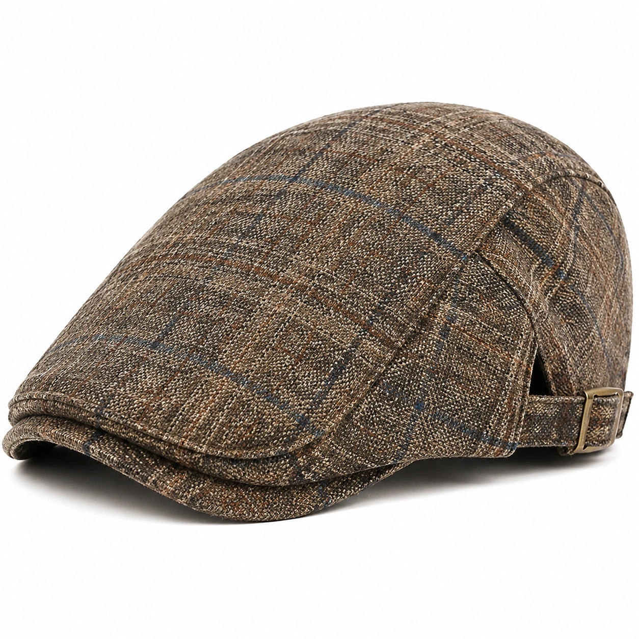 Casquette plate taille unique en tissu effet tweed marron à carreaux réglable