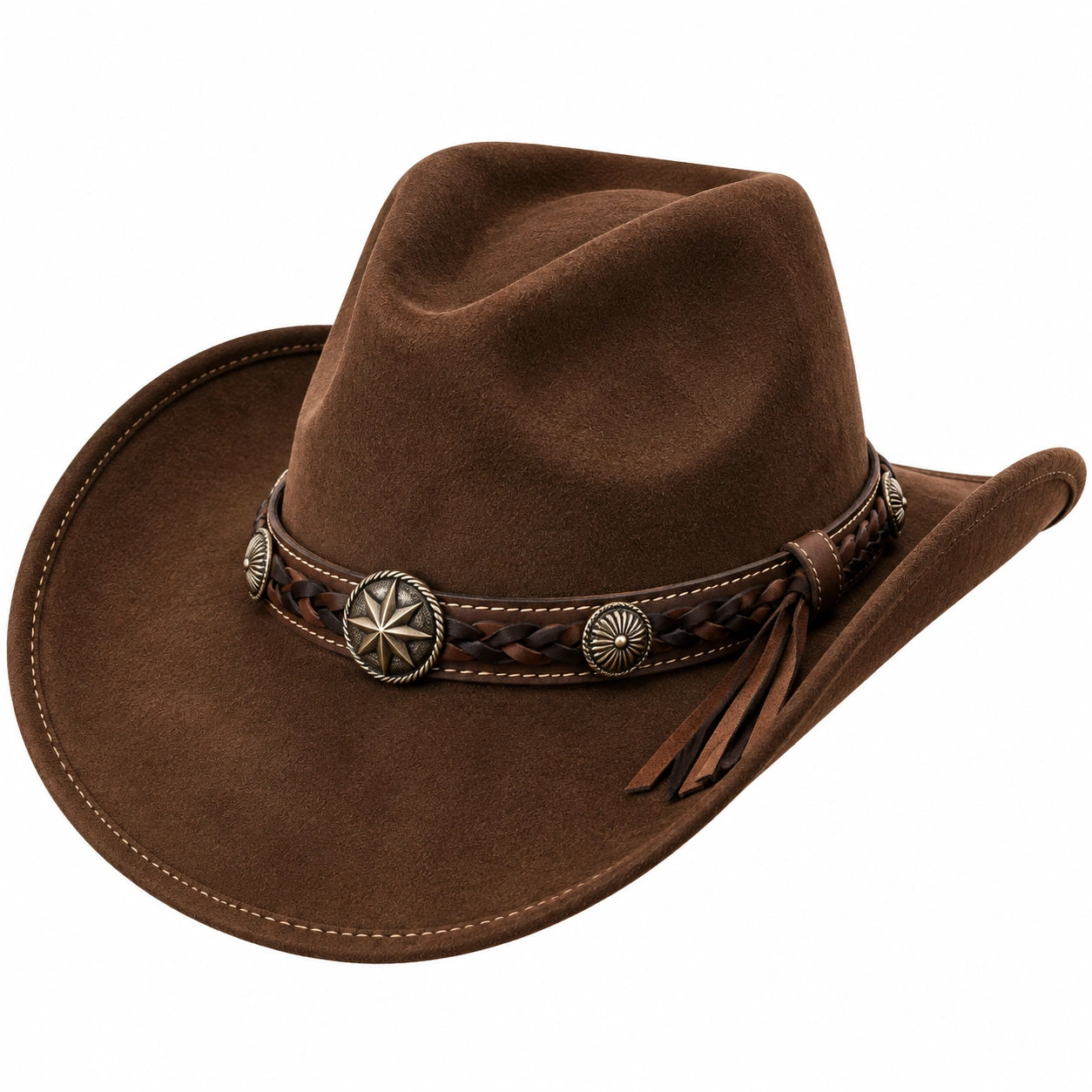 Chapeau cowboy taille unique marron en textile effet daim avec bande tressée décorative