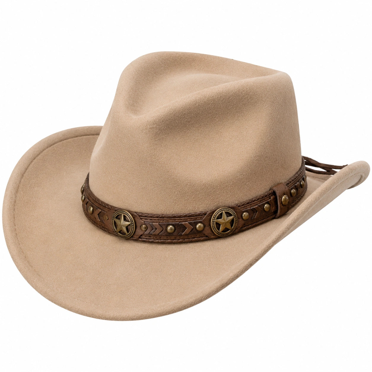 Chapeau cowboy taille unique en textile effet suédine beige avec bande marron décorative